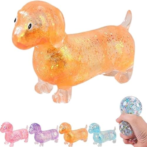 Dachshund Squishy, Glitter Weiner Dog Maltose Stress Ball, Slow Rise Fidget for Anxiety Relief, Soft Squeeze Desk Gadget for Home Office Travel (Orange) - Image 1