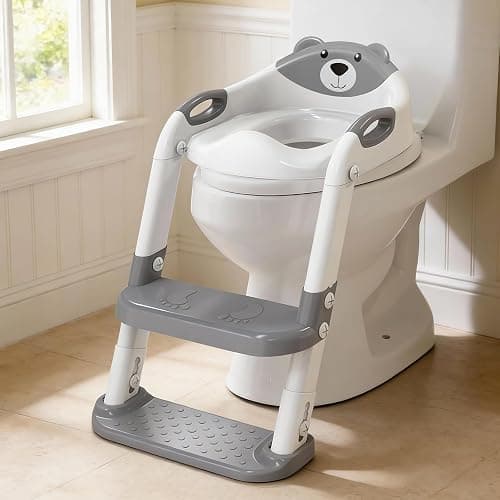 Potty Training Seat ,SKYROKU Potty Training Toilet with Step Stool Ladder, for Kids Boys Girls Toddlers - Comfortable Safe Potty Seat with Anti-Slip Pads Ladder (8838+Grey) - Image 1