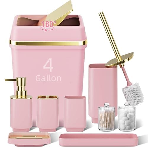 9PCS Bathroom Accessory Set, Pink Bathroom Set with Large-Capacity 4 Gallon Trash Can, Bathroom Accessories Set Complete, Toothbrush Holder, Soap Dispenser, Toilet Brush, Bathroom Decor - Image 1