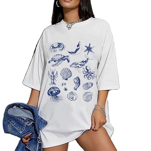 Oversized Graphic Tees for Women Y2k Short Sleeve Ocean/Shark Baggy Shirt Cute Crewneck Aesthetic Preppy Clothes - White Ocean - Small - Image 1