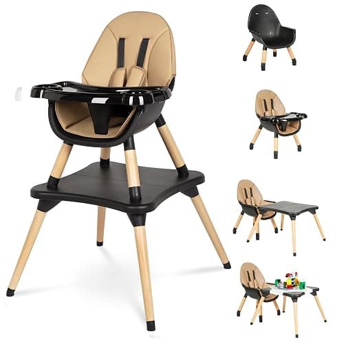6 in 1 High Chair for Babies & Toddlers, Convertible Wooden Baby Highchair, Table and Chair Set, Baby Feeding Chair, 5-Point Adjustable Harness/4-Position Removable Tray& PU Seat Cushion (Black) - Image 1