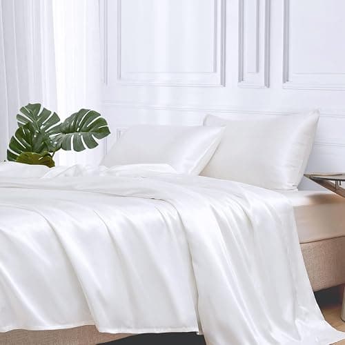 MR&HM Satin Bed Sheets, Full Size Sheets Set, 4 Pcs Silky Bedding Set with 15 Inches Deep Pocket for Mattress (Full, White) - Image 1