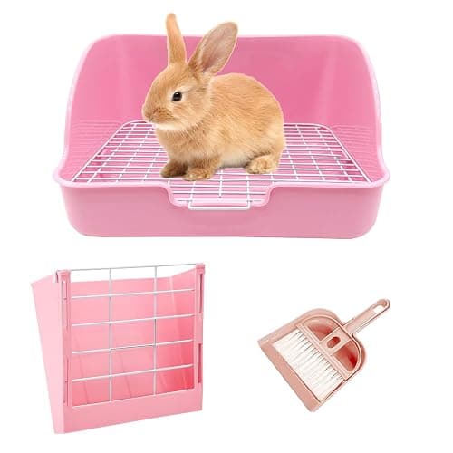 WEWAYKGJ Rabbit Litter Box Bunny Potty Box Guinea Pig Hay Rack Feeder Rabbits Corner Litter Pan Potty Trainer Pet Toilet with Cleaning Set for Hamster, Guinea Pig, Ferret and Other Animals (Pink) - Pink - Image 1