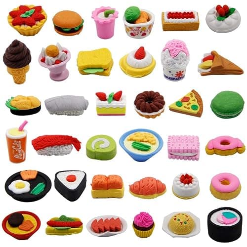 Cllayees 72 Pcs Assorted Food Pencil Erasers Toy Set, Cake Dessert Fruit Puzzle Erasers Toys for Kids Reward Party Favors (Food) - Image 1