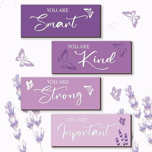 FENCORDAR 4 Pcs Butterfly Wall Decor Girls Room Decor Wooden Purple Wall Decor Positive Butterfly Wall Art Prints Inspirational Gift for Teen Girls Women Room Nursery Bedroom Bathroom(Purple, 10x4) - Purple - Image 1