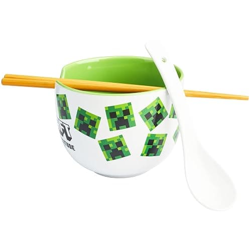 Get Trend Minecraft Ramen Bowl 3 Pc Set with Bamboo Chopsticks, Spoon for Kids Teens Adults, 20oz Bowl, Microwave Safe, Creeper Gamer Gifts for Boys (Multi Minecraft) - Image 1