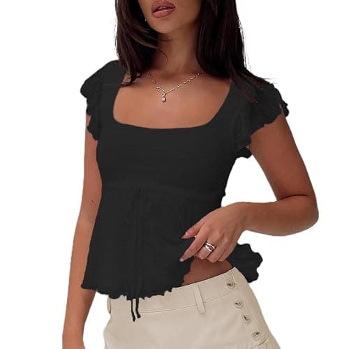Women Y2k Square Neck Tops Cap Sleeve Ruffle Babydoll Layered Lettuce Trim Solid Color Going Out Shirts Tank Tops - Image 1