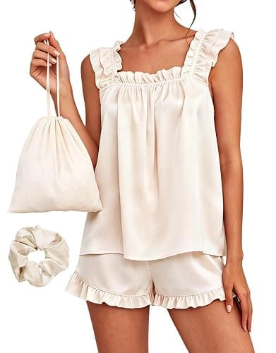 SAPJON Pajamas for Women 2 Piece Set, Summer Silk Satin Pjs, Ruffle Shorts | Soft tank top, Bridal Bridesmaid Loungewear,Cute Lounge Sets Sleepwear, Wedding Party, 2 Ways to Wear: One-Shoulder/Camisole - Image 1