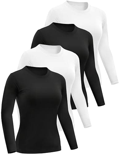 Dalavch 4 Pack Women’s Long Sleeve Basic Shirts Crew Neck Slim Fitted Compression Gym Workout Athletic Underscrubs Tops - X-Small - 2 Black 2 White ( Long Sleeve ) - Image 1