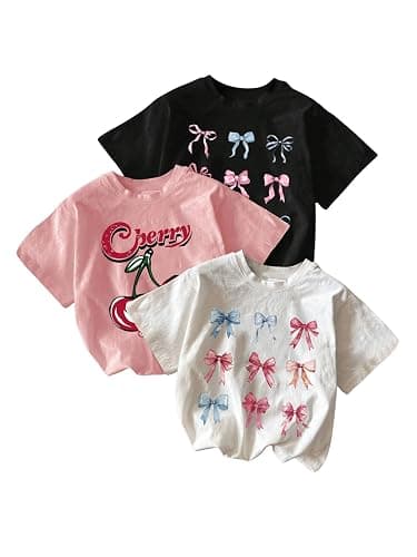 SHENHE Girl's 3 Pack Cute Graphic Tees Cherry Bow Print Aesthetic Short Sleeve Shirt Tops - 8 Years - Black White Pink - Image 1