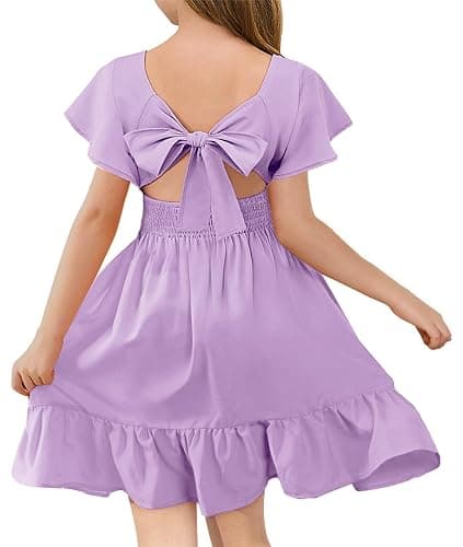 Haloumoning Girls Ruffle Short Sleeve Tie Back Dress Kids Summer Off Shoulder A-line Dresses 5-14 Years - Image 1