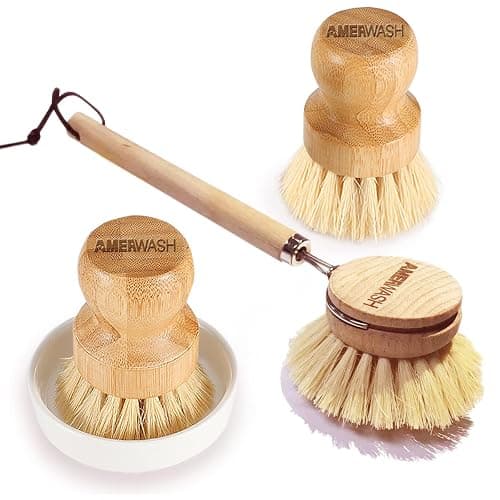 Wooden Dish Brush Set Clean Pots, Pans and Vegetable, Natural Bristles Bamboo Scrub Brushes with Ceramic Dish - 1 Long Handle Dish Brush + 2 Palm Scrubbing Brush - Image 1