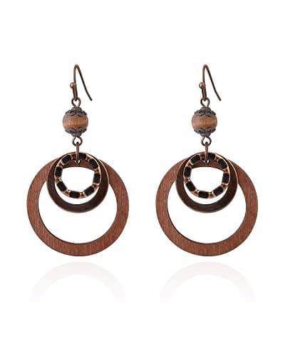 Wooden Earrings for women with Copper and Wood Circle dangle Lightweight Geometric Brown Earrings for Western Bohemian ethnic style - Image 1