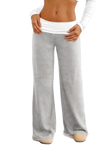 Sunloudy Women's Low Rise Sweatpants Color Block Fold Over Baggy Wide Leg Festival Pants Stretch Loose Trousers Streetwear - Image 1