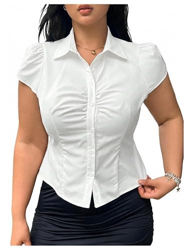 SOLY HUX Women's Plus Size Button Up Fitted Blouse Collared Y2k Shirts | Short Sleeve, Tie Back Tops - Image 1