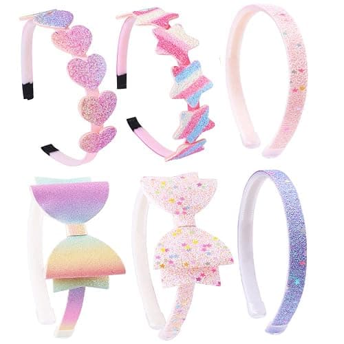 Lizioo 6 Pack Girls Headbands Glitter Kids Hair Accessories Bow/Heart/Star Shaped Sweet Hairband For Toddler/Girls/Teens - Image 1