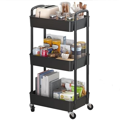 Sywhitta 3-Tier Plastic Rolling Utility Cart with Handle, Multi-Functional Storage Trolley for Office, Living Room, Kitchen, Movable Storage Organizer with Wheels, Black - Image 1