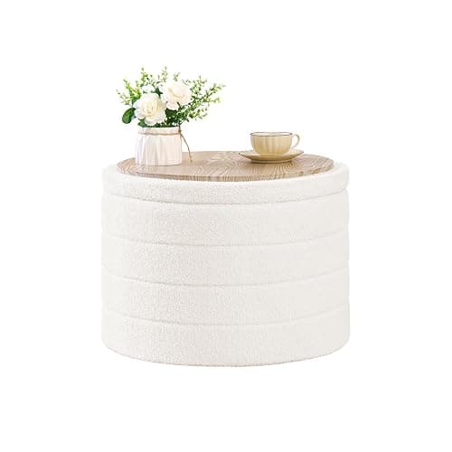 B FSOBEIIALEO Ottoman with Stroage, Round Sherpa Storage Ottoman Stool, Boucle Foot Rest22 x 22"x15.75" (White) - Image 1