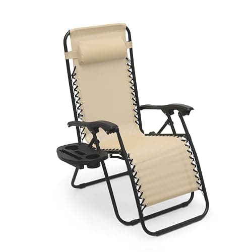Athena Collection Zero Gravity Chair, Folding Lounge Chair, Reclining Camping Chair, Outdoor Zero Gravity Recliner with Adjustable Pillow and Cup Holder for Outside Beach Garden Patio Poolside -Cream - Image 1