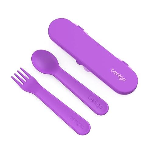 Bentgo Kids Plastic Utensil Set - Reusable Fork, Spoon & Storage Case, PFAS- & BPA-Free, Easy-Grip Handles, Lightweight, Dishwasher Safe, School Lunch, Travel & On-the-Go (Purple) - Image 1