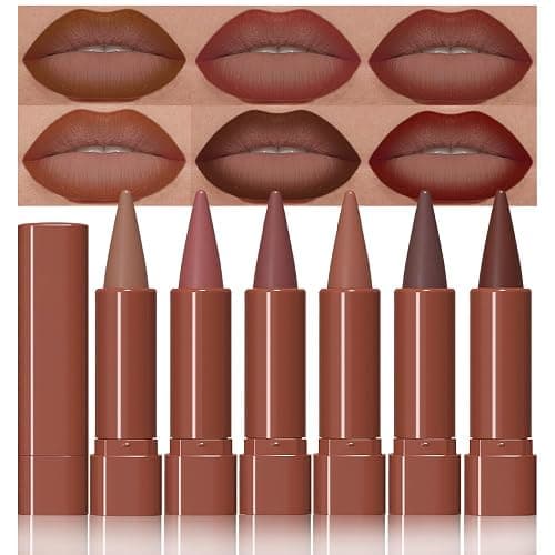evpct 6Pcs Warm Red Brown Nude Maroon Dark Wine Gradient Matte Lipstick Lip Liner Crayon Combo Pencil Set for Women, Longwear Cream Lipliner and Lipstick Combo Makeup, Flawless Lip Bar Ombre Effect - Image 1