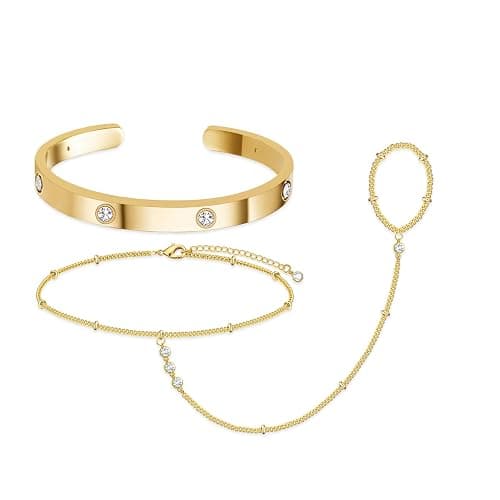 My Queen Gold Bracelets for Women 14K Gold Plated Dainty Stackable Hand Chain Bracelet Trendy Ring Chain Bangle Cuff Bracelets Adjustable Body Jewelry Set Gifts - Image 1