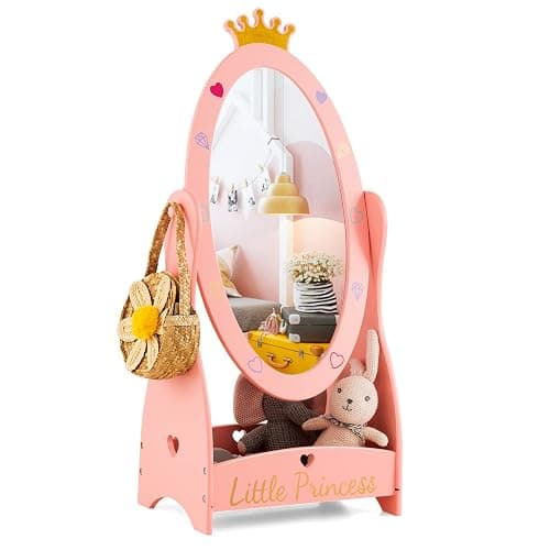Costzon Kids Full Length Mirror, Princess Floor Free Standing Mirror w/Storage Shelf, 360 Degree Rotatable Oval Dressing Mirror w/Cute Crown Pattern for Little Girls Bedroom, Playroom, Pink - Image 1