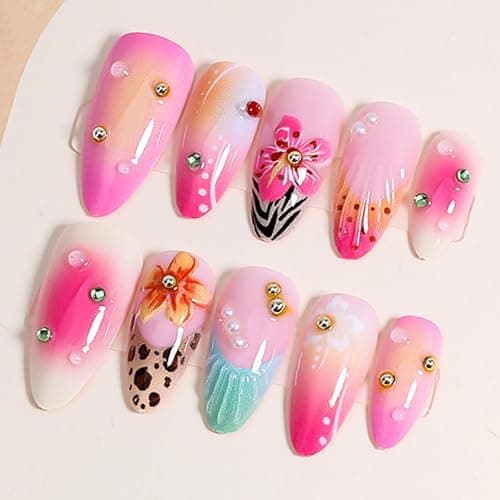 WBRRFJJ 24Pcs Flower Press-on Nails Medium Almond Acrylic False Nails with Leopard French Tip Designs Gold Silver Pearl Pink Glossy Full Cover Artificial Glue-on Nails Spring Summer DIY - Image 1