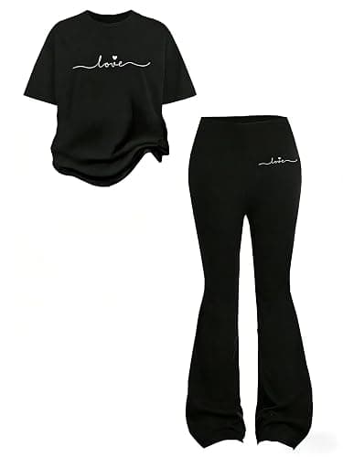 Alopncy Tween Girls 2PCS Outfit Set 8-13Y Crop Top & Flare Pants with Bowknot and Heart Print Casual Girl Clothes - Image 1