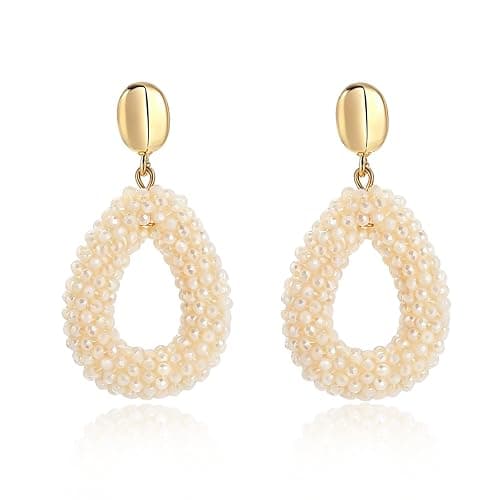 Boho Hängeohrringe für Damen, handgewebte tropfenförmige Reisperlen‑Ohrringe, leichter eleganter Modeschmuck - Image 1