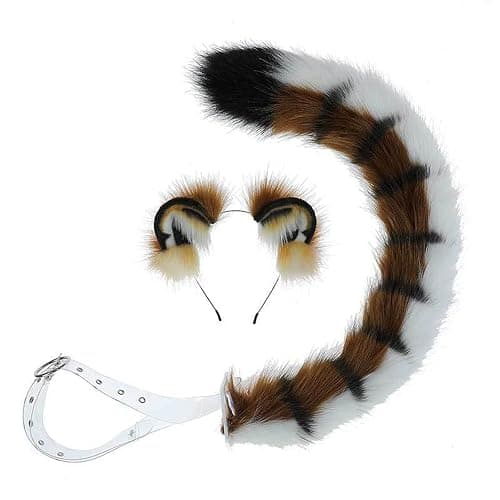 JUNBOON Handmade Faux Fur Tiger Ears Headband Long Tail Set for Halloween Cosplay Party Costume Accessories - Image 1