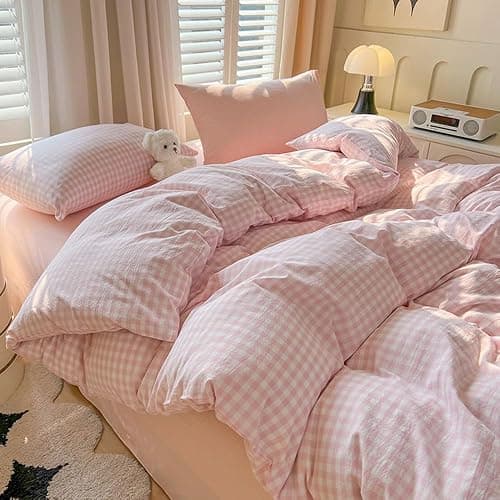 Nayoroom Gingham Duvet Cover Queen Size Pink White Plaid Checkered Comforter Cover Grid Farmhouse Bedding Set 3 Pcs Soft Breathable Washed Microfiber Gifts for Women Men - Image 1