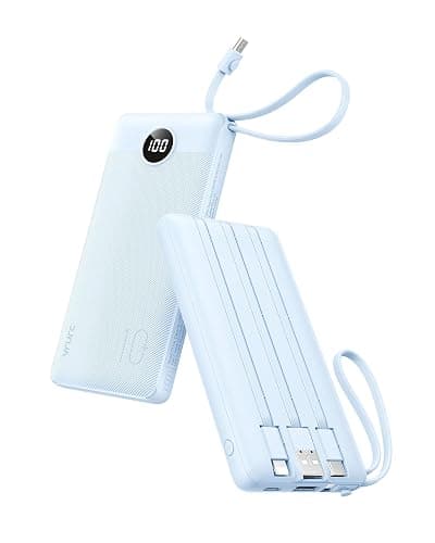 VRURC 10000mAh Power Bank Built-in Cables, Portable Charger with LED Display, Slim Travel Battery Pack with Cords, 5 Output Dual Input Phone Charger for Cell Phone Smart Devcies-Blue(1 Pack) - Image 1