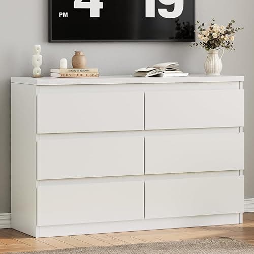 Jocoevol Modern White 6 Drawer Dresser - Simply Chest of Drawers for Bedroom, Closet, Living Room, Hallway, Entryway, Wood Storage Double Dresser with Smooth Metal Rails - White - White - Image 1
