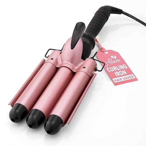 Alure Three Barrel Curling Iron Wand Hair Waver with LCD Temperature Display - 1 Inch Ceramic Tourmaline Triple Barrels, Dual Voltage Crimp (Rose Gold) - Image 1