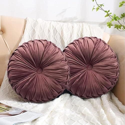 HIG Set of 2 Decorative Round Pleated Throw Pillows,Classy Accent Pumpkin Throw Pillows with Center Button,Vintage Velvet Floor Pillows for Sofa Vanity Chair Bed,Dusty Rose,14.5" Diameter(Ripple) - Image 1