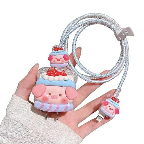 LALAPOPO Cute Charger Protector Compatible with iPhone 18W/20W Charger Adapter, Clear Kawaii Pink Pig Strawberry Pattern Design Cute Cable Case Saver Protector for Girls Women - Image 1