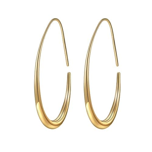 Lightweight Teardrop Hoop Earrings for Women - 14k Gold/White Gold Plated Large Oval Pull Through Hoop Earrings High Polished Statement Jewelry Gift for Women - Image 1