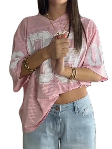 Oversized Jersey Shirts for Women Y2k Number Graphic Print V Neck Short Sleeve Aesthetic Summer T-Shirt Streetwear - Image 1