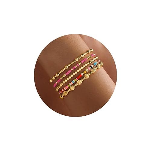 Turandoss Gold Beaded Bracelets Set for Women Girls Christmas Gifts - Dainty 14K Gold Plated Turquoise Cross Round Bead Pearl Bracelets for Teen Girls Heishi Clay Bracelet Set Christmas Gifts for Her - Image 1