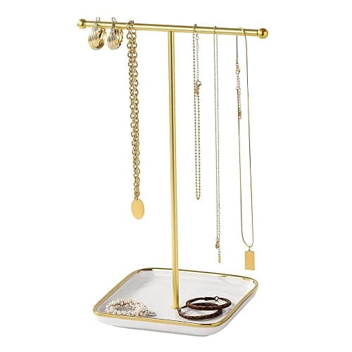 Leijosya modern T-shaped jewelry rack, jewelry tower, gold metal, square ceramic base decoration display tower, necklace, bracelet, ring storage rack (1Tiers) - Image 1