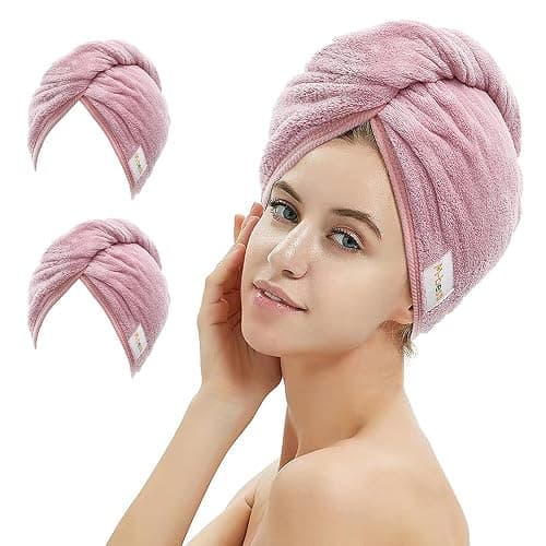 M-bestl 2 Pack Microfiber Hair Towel Wrap,Hair Drying Towel with Button Design,Head Towel to Dry Curly Hair Quickly (Bean Pink) - Image 1