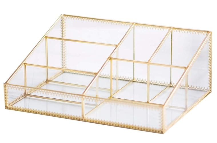 Makeup Organizer Antique Countertop Cosmetic Storage Box Glass Beauty Display, Gold Spin Large Capacity Holder for Brushes Lipsticks Skincare Toner - Image 1