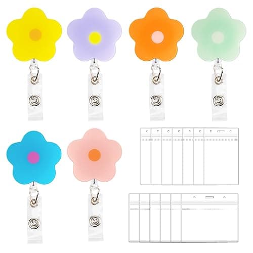 Qoroos 6 Sets Retractable Badge Reel with 12 Badge Holders Cute Flower Nurse Badge Reel Clip with ID Card Holder Waterproof for Nursing Worker Teacher - Image 1
