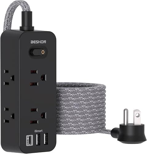Black Power Strip Surge Protector, BESHON 5Ft Extension Cord, 6 Outlets with 3 USB Ports(1 USB C Outlet), 3-Side Outlet Extender, Wall Mount, Compact for Travel, Home, College Dorm Room, and Office - Image 1