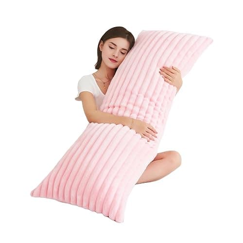 Memfydu Full Body Pillow with Fluffy Stripe Faux Fur Removable Cover, Long Bed Pillow Adult 20x54 Inches for Side Sleeper and Pregnancy, Pink. - Image 1