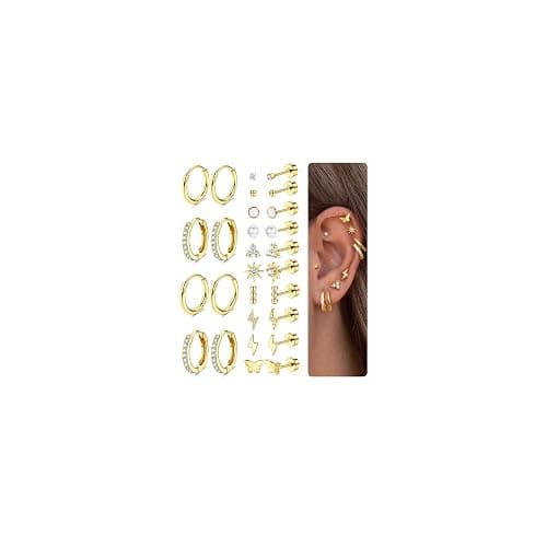 FIASASO Flat Back Gold Earrings for Women Trendy Hypoallergenic Surgical Steel Earrings for Sensitive Ears-20G Cartilage Earring Stacks 14K Gold Plated Small Flatback Stud Hoops Cartilage Earring Set - Image 1