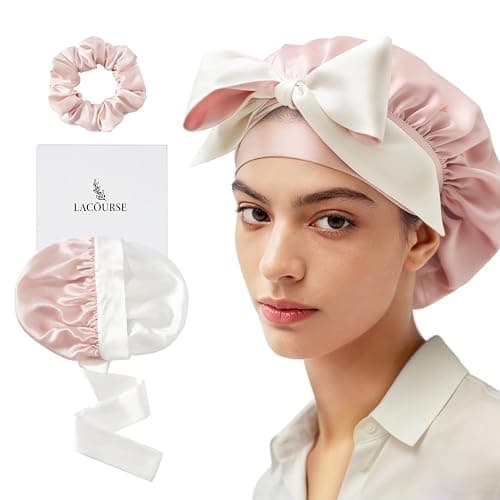 LaCourse Non-Slip 100% Mulberry Silk Bonnet for Sleeping Women Long Hair, Double-layered Silk Hair Wrap for Curly Hair, with Tie Bands to Secure the Cap (Pink+Ivory) - Image 1