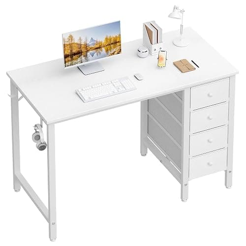 Lufeiya Small White Desk with Drawers for Bedroom, 40 Inch Kids Girls Study Desks, Reversible Computer Writing Nail Table with Fabric Drawer for Small Spaces Home Office Manicure - Image 1