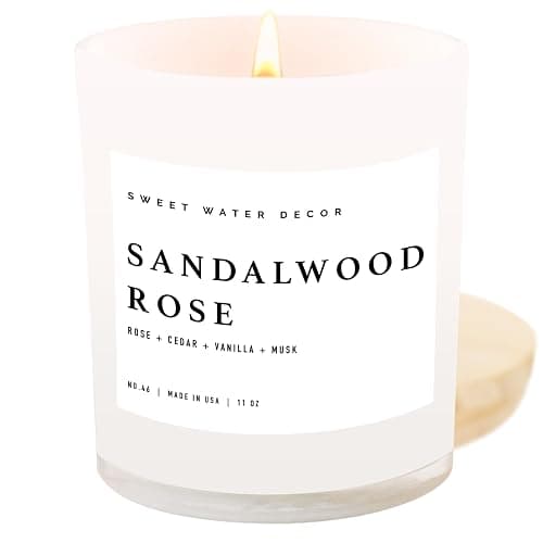 Sweet Water Decor Sandalwood Rose Candle - Rose, Cedar, Vanilla, Musk Scented Floral Candle for Spring - 11oz White Jar with Wood Lid, 50+ Hour Burn Time, Made in The USA - Image 1